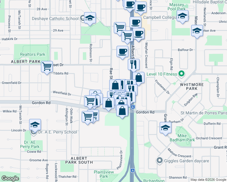 map of restaurants, bars, coffee shops, grocery stores, and more near 4621 Rae Street in Regina