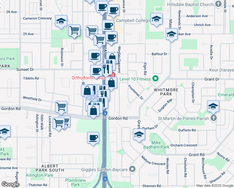 map of restaurants, bars, coffee shops, grocery stores, and more near 40 Richardson Crescent in Regina