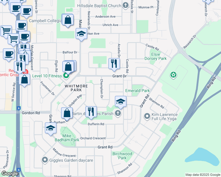 map of restaurants, bars, coffee shops, grocery stores, and more near 26 Cathedral Drive in Regina