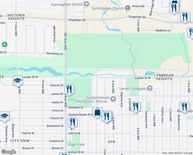 map of restaurants, bars, coffee shops, grocery stores, and more near Laurier Street West in Moose Jaw