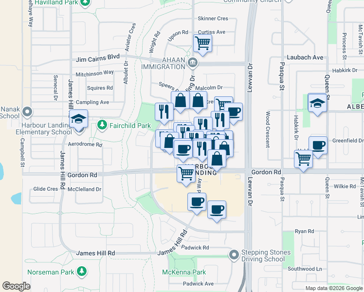 map of restaurants, bars, coffee shops, grocery stores, and more near 4013 Harbour Landing Drive in Regina