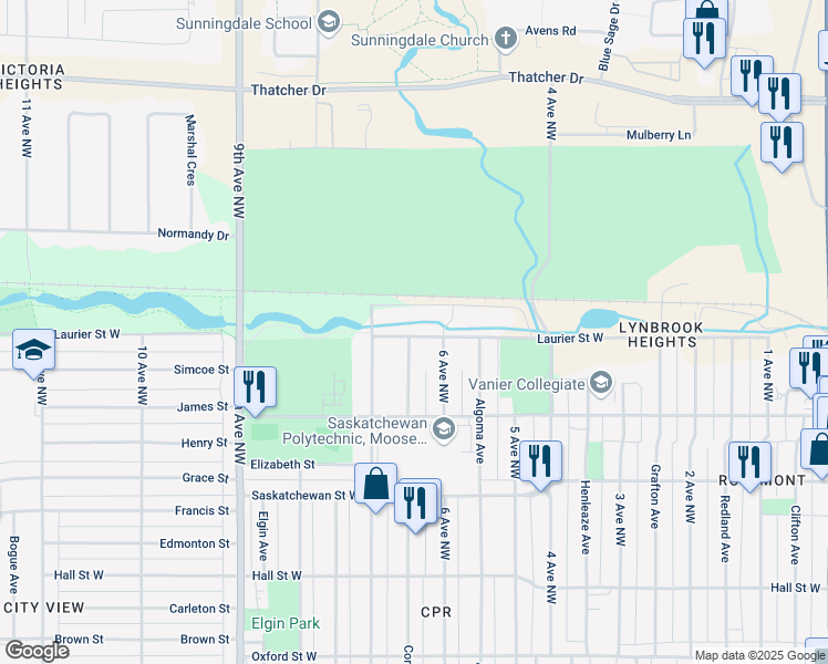 map of restaurants, bars, coffee shops, grocery stores, and more near 626 Laurier Street West in Moose Jaw