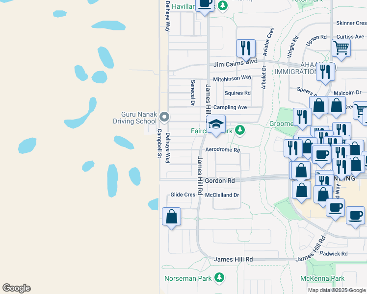 map of restaurants, bars, coffee shops, grocery stores, and more near 5620 Aerodrome Road in Regina
