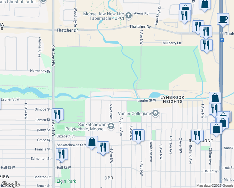 map of restaurants, bars, coffee shops, grocery stores, and more near 590 Laurier Street West in Moose Jaw