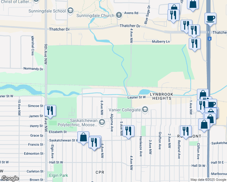 map of restaurants, bars, coffee shops, grocery stores, and more near 550 Laurier Street West in Moose Jaw