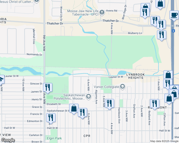 map of restaurants, bars, coffee shops, grocery stores, and more near 590 Laurier Street West in Moose Jaw