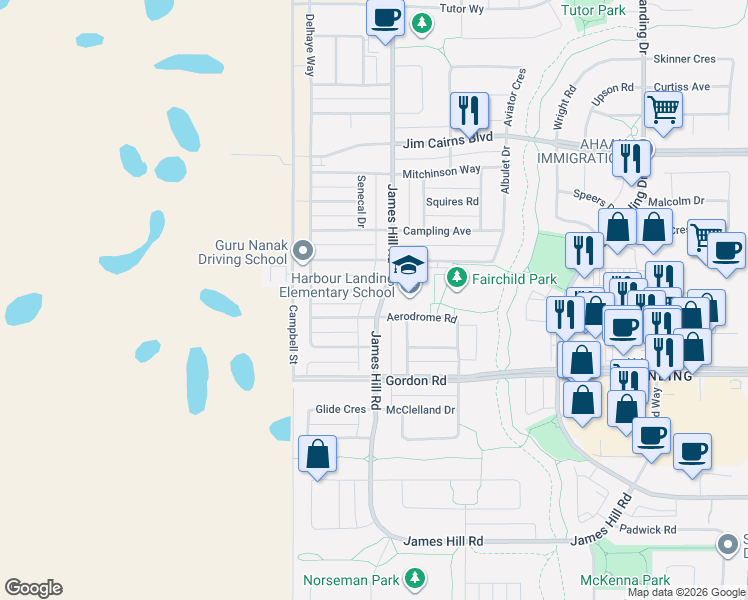 map of restaurants, bars, coffee shops, grocery stores, and more near 4013 Harbour Landing Drive in Regina