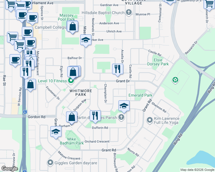 map of restaurants, bars, coffee shops, grocery stores, and more near 104 Champlain Drive in Regina
