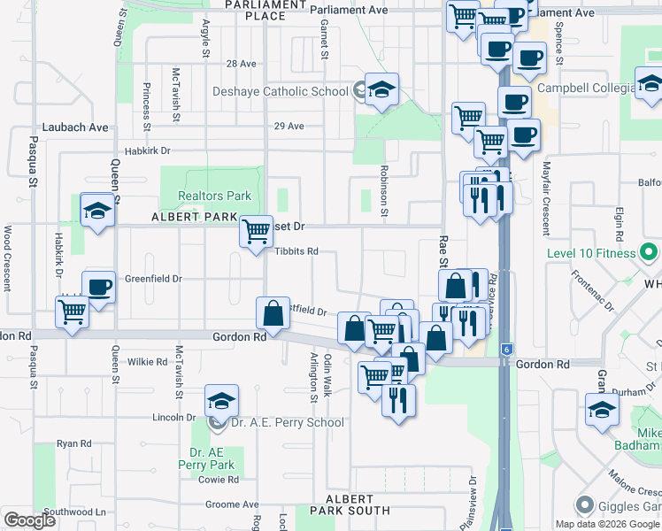 map of restaurants, bars, coffee shops, grocery stores, and more near 41 Tibbits Road in Regina