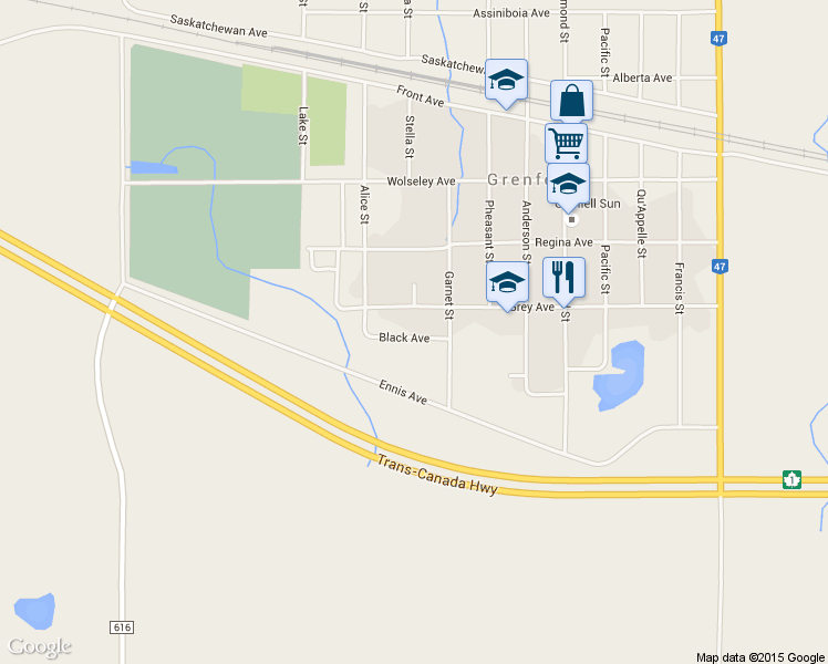 map of restaurants, bars, coffee shops, grocery stores, and more near 800 Black Avenue in Grenfell