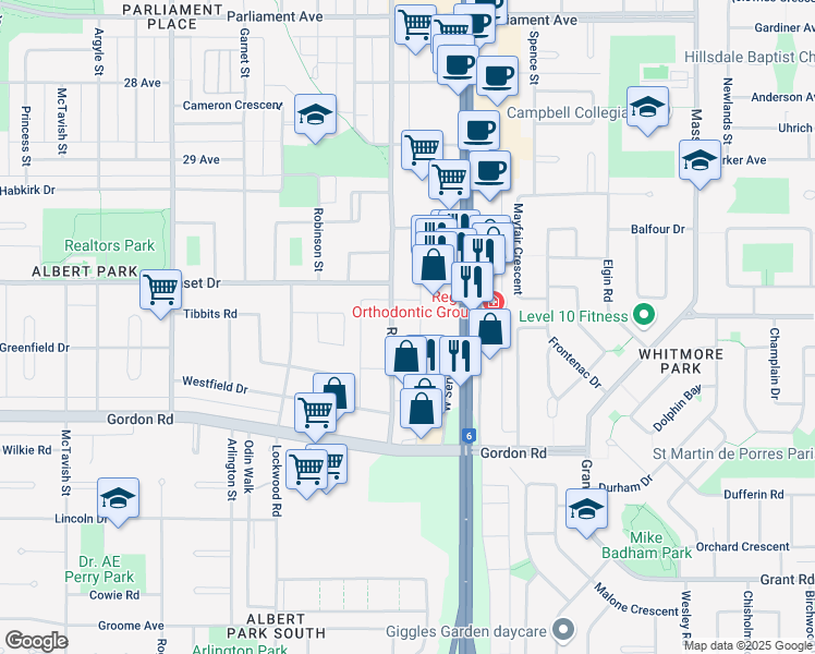 map of restaurants, bars, coffee shops, grocery stores, and more near 4545 Rae Street in Regina