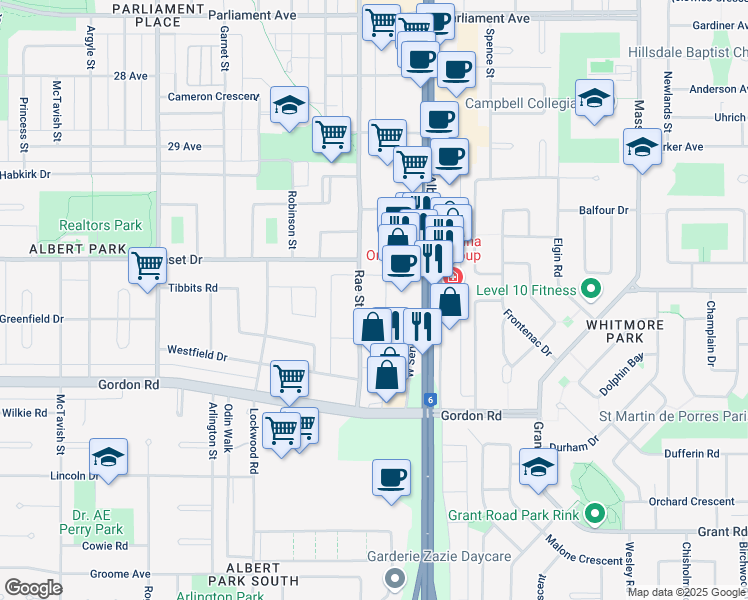 map of restaurants, bars, coffee shops, grocery stores, and more near 4545 Rae Street in Regina