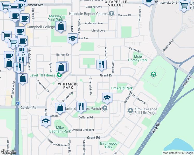 map of restaurants, bars, coffee shops, grocery stores, and more near 104 Champlain Drive in Regina