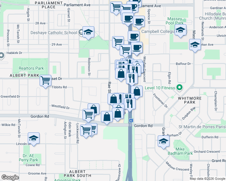 map of restaurants, bars, coffee shops, grocery stores, and more near 4545 Rae Street in Regina