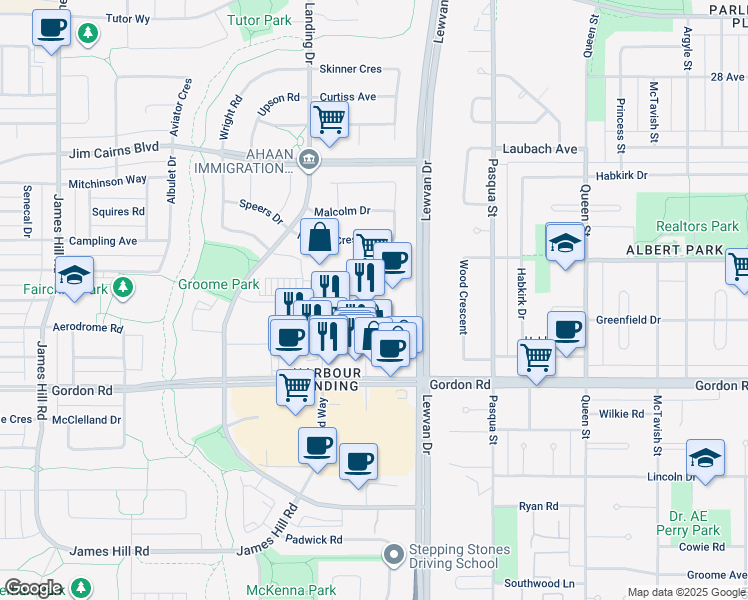 map of restaurants, bars, coffee shops, grocery stores, and more near 4500 Gordon Road in Regina
