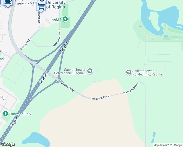 map of restaurants, bars, coffee shops, grocery stores, and more near 4500 Wascana Parkway in Regina