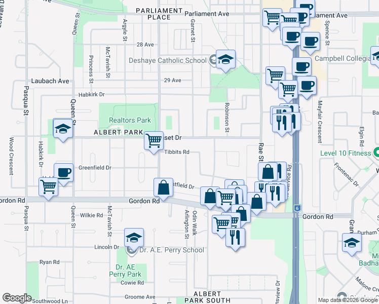 map of restaurants, bars, coffee shops, grocery stores, and more near 41 Tibbits Road in Regina
