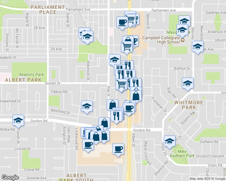 map of restaurants, bars, coffee shops, grocery stores, and more near 4545 Rae Street in Regina