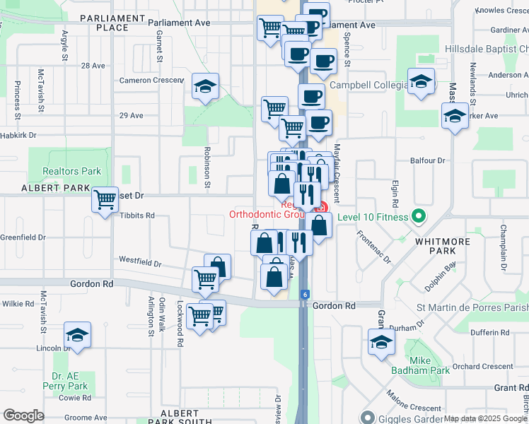 map of restaurants, bars, coffee shops, grocery stores, and more near 4525 Rae Street in Regina