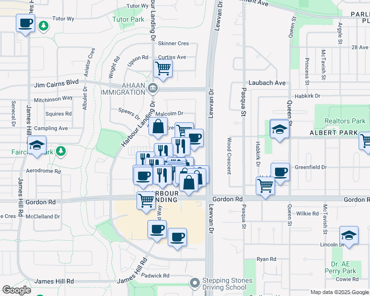map of restaurants, bars, coffee shops, grocery stores, and more near 4500 Gordon Road in Regina
