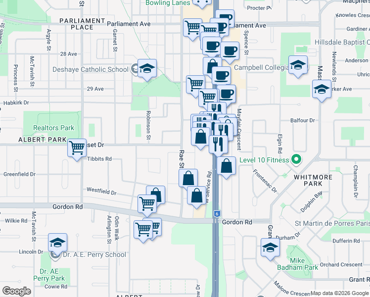 map of restaurants, bars, coffee shops, grocery stores, and more near 4461 Rae Street in Regina