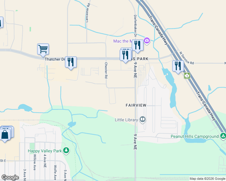 map of restaurants, bars, coffee shops, grocery stores, and more near 302 Bellamy Dr in Moose Jaw