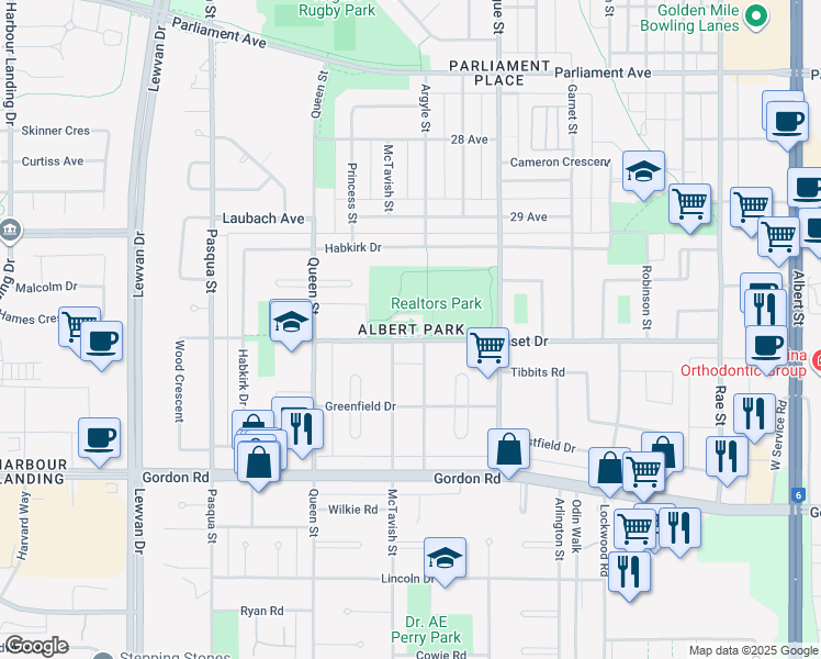 map of restaurants, bars, coffee shops, grocery stores, and more near in Regina