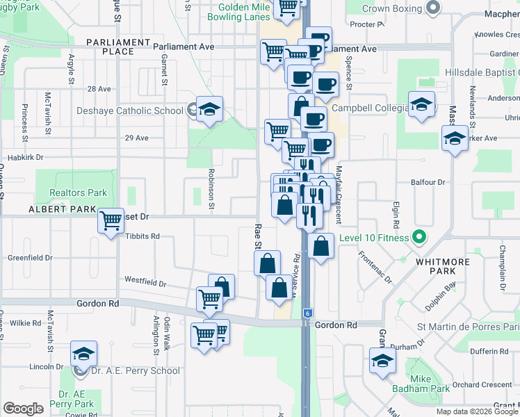 map of restaurants, bars, coffee shops, grocery stores, and more near 4461 Rae Street in Regina