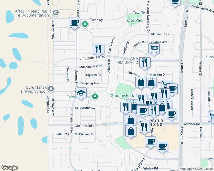 map of restaurants, bars, coffee shops, grocery stores, and more near 5105 Campling Avenue in Regina