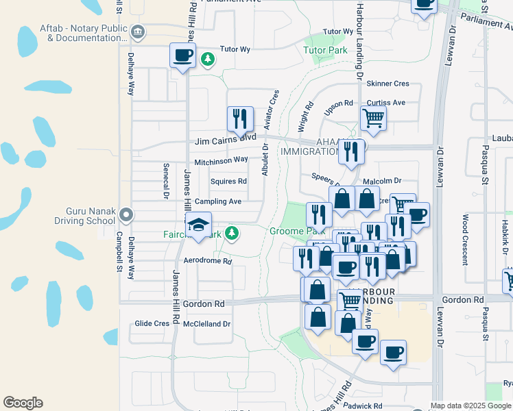 map of restaurants, bars, coffee shops, grocery stores, and more near 5105 Campling Avenue in Regina
