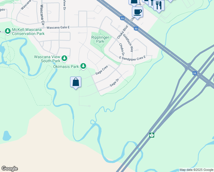 map of restaurants, bars, coffee shops, grocery stores, and more near 4346 Sage Drive in Regina