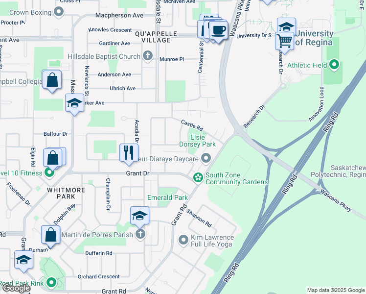 map of restaurants, bars, coffee shops, grocery stores, and more near 133 Davidson Crescent in Regina