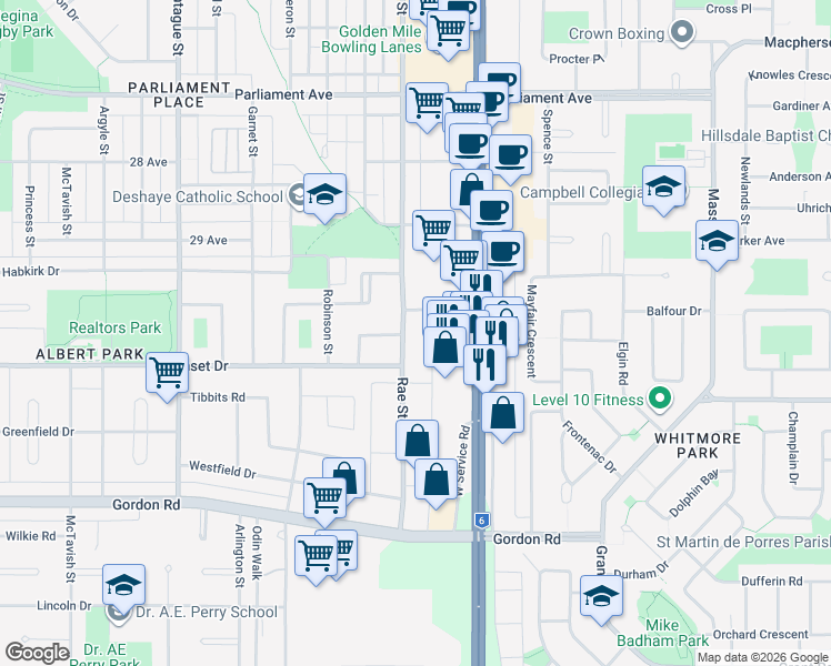 map of restaurants, bars, coffee shops, grocery stores, and more near 4461 Rae Street in Regina