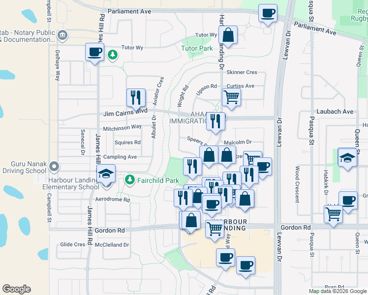map of restaurants, bars, coffee shops, grocery stores, and more near 4928 Wright Road in Regina