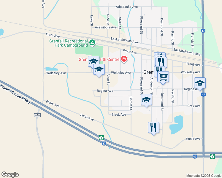 map of restaurants, bars, coffee shops, grocery stores, and more near 702 Regina Avenue in Grenfell