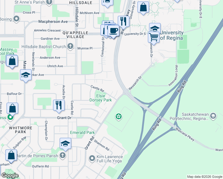 map of restaurants, bars, coffee shops, grocery stores, and more near 4038 Castle Road in Regina