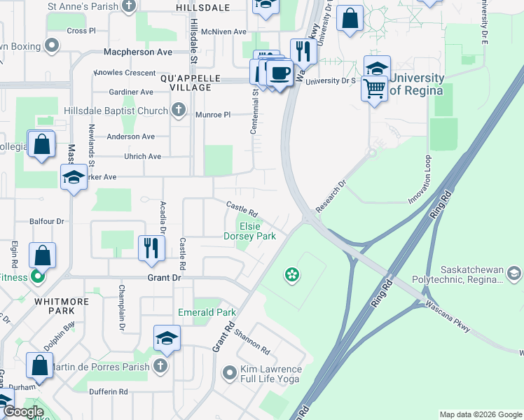 map of restaurants, bars, coffee shops, grocery stores, and more near 4134 Castle Road in Regina