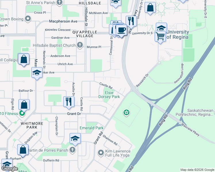 map of restaurants, bars, coffee shops, grocery stores, and more near 4134 Castle Road in Regina