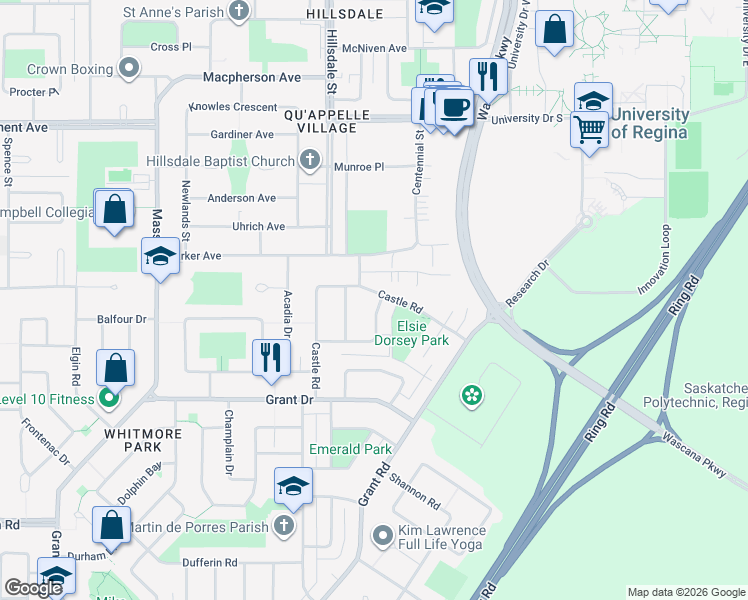 map of restaurants, bars, coffee shops, grocery stores, and more near 153 Davidson Crescent in Regina