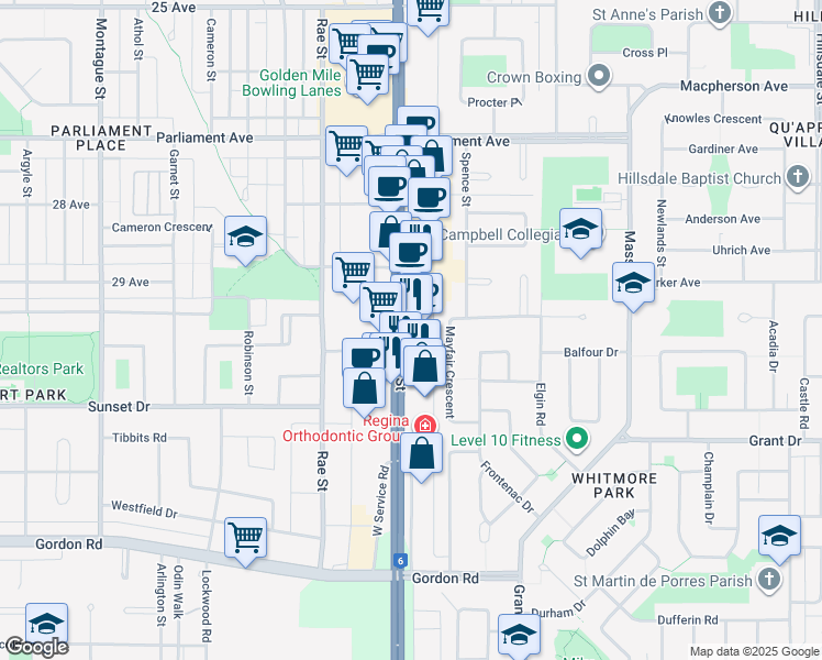 map of restaurants, bars, coffee shops, grocery stores, and more near 4303 Saskatchewan 6 in Regina