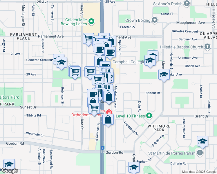 map of restaurants, bars, coffee shops, grocery stores, and more near 4303 Saskatchewan 6 in Regina