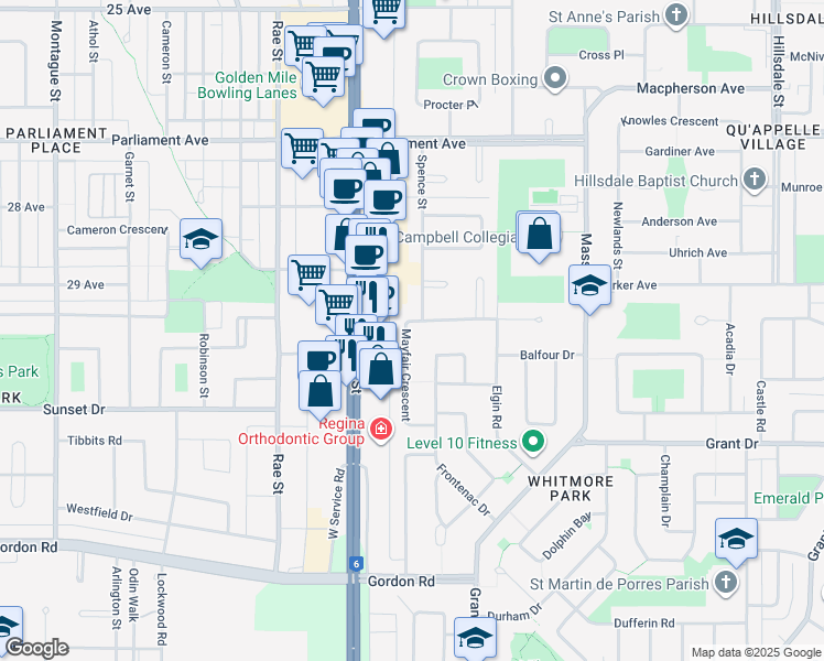 map of restaurants, bars, coffee shops, grocery stores, and more near 75 Mayfair Crescent in Regina