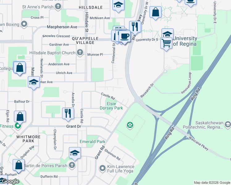 map of restaurants, bars, coffee shops, grocery stores, and more near 4134 Castle Road in Regina