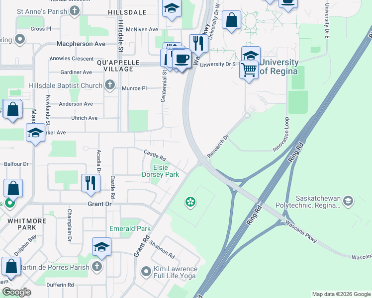 map of restaurants, bars, coffee shops, grocery stores, and more near 4038 Castle Road in Regina