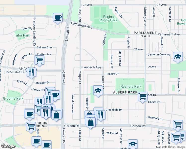 map of restaurants, bars, coffee shops, grocery stores, and more near Habkirk Drive in Regina