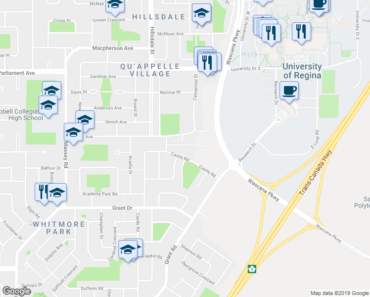 map of restaurants, bars, coffee shops, grocery stores, and more near 4134 Castle Road in Regina