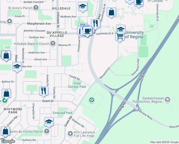 map of restaurants, bars, coffee shops, grocery stores, and more near 4038 Castle Road in Regina