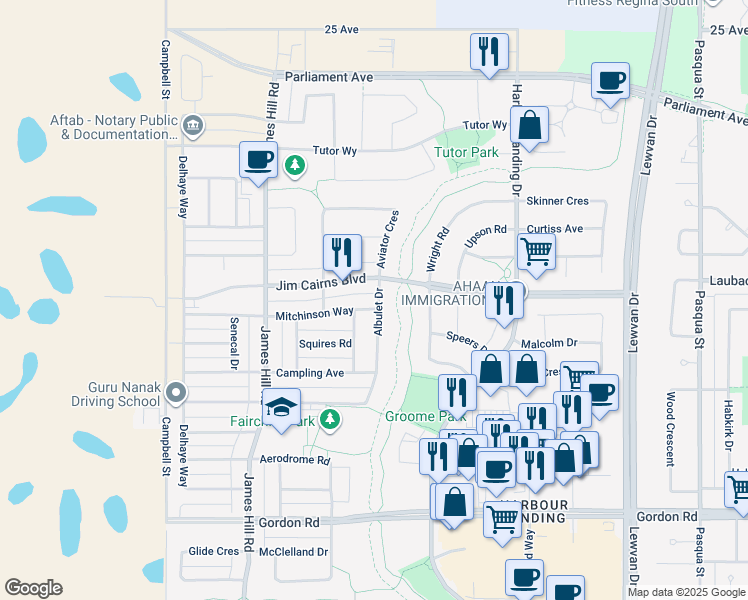 map of restaurants, bars, coffee shops, grocery stores, and more near 5118 Jim Cairns Boulevard in Regina