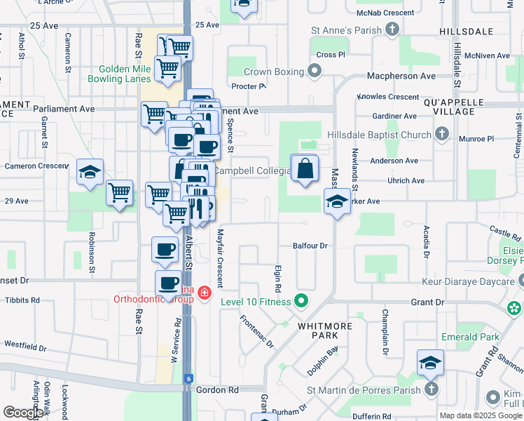 map of restaurants, bars, coffee shops, grocery stores, and more near 10 Hogarth Place in Regina