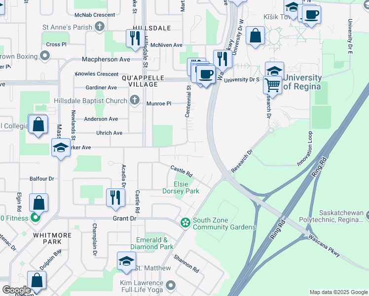 map of restaurants, bars, coffee shops, grocery stores, and more near 293 Centennial Street in Regina